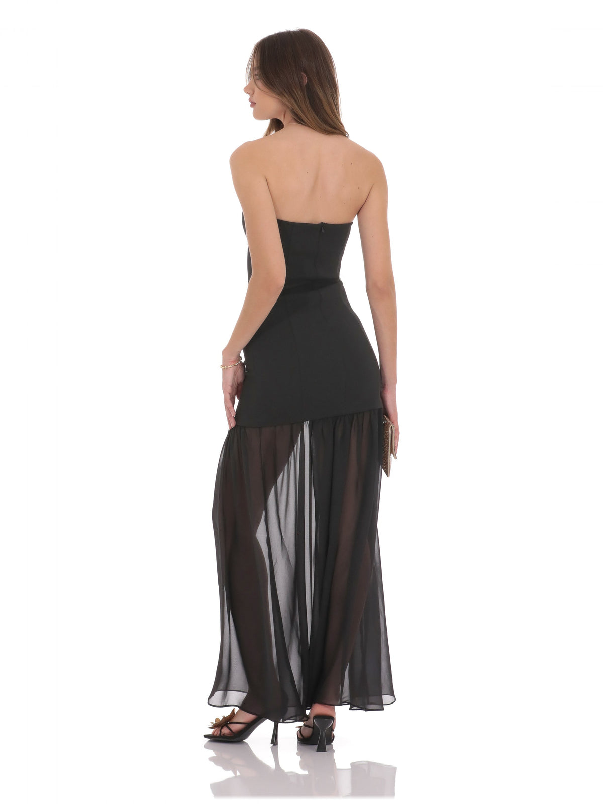 Black bridesmaid dress with a-line silhouette and maxi length