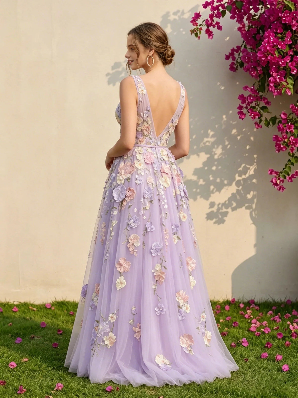 Light purple floral appliqué V-neck A-line tulle wedding dress, back view