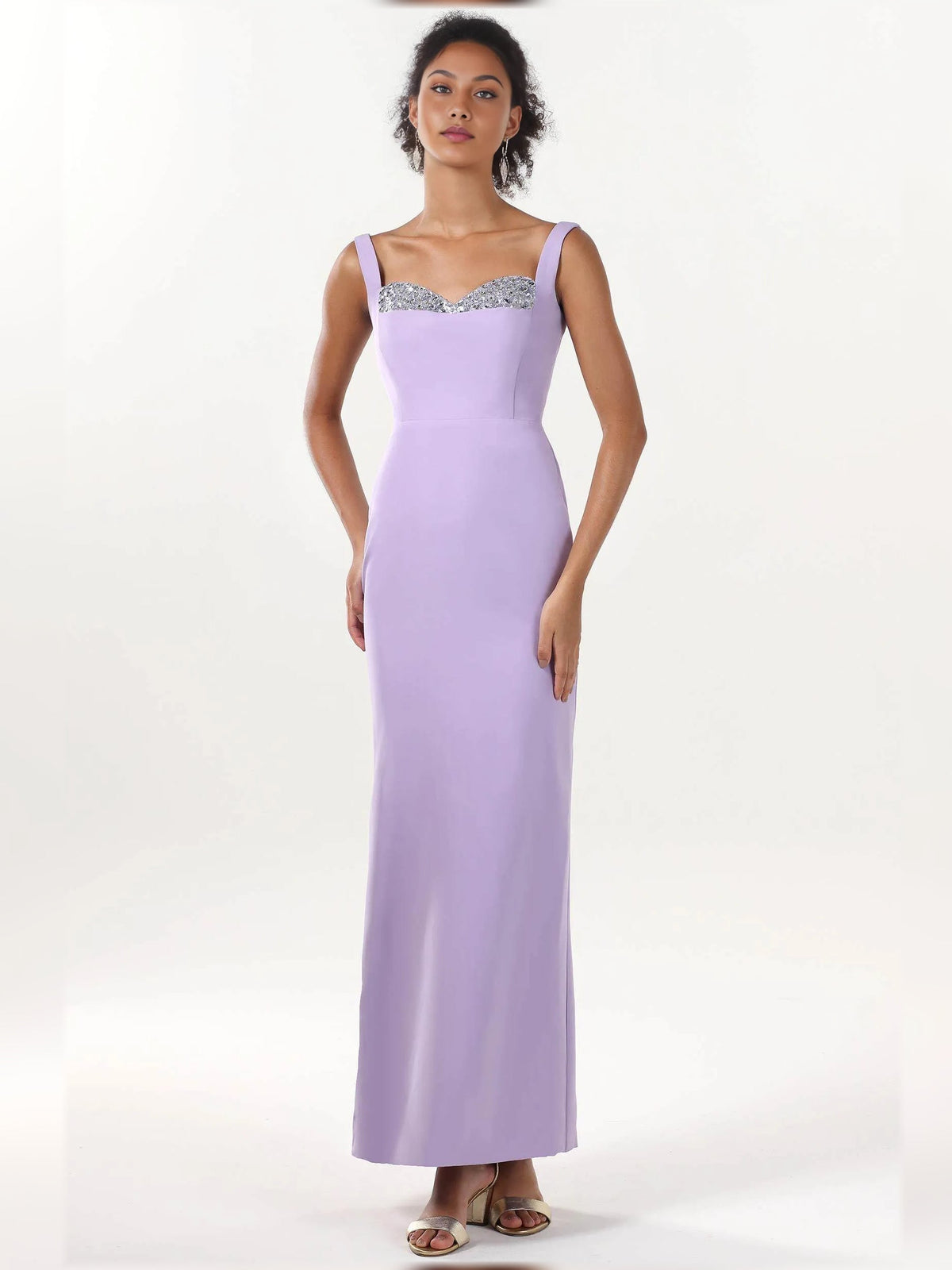 Lilac sweetheart formal dress with beaded neckline, fitted sheath, and thin straps