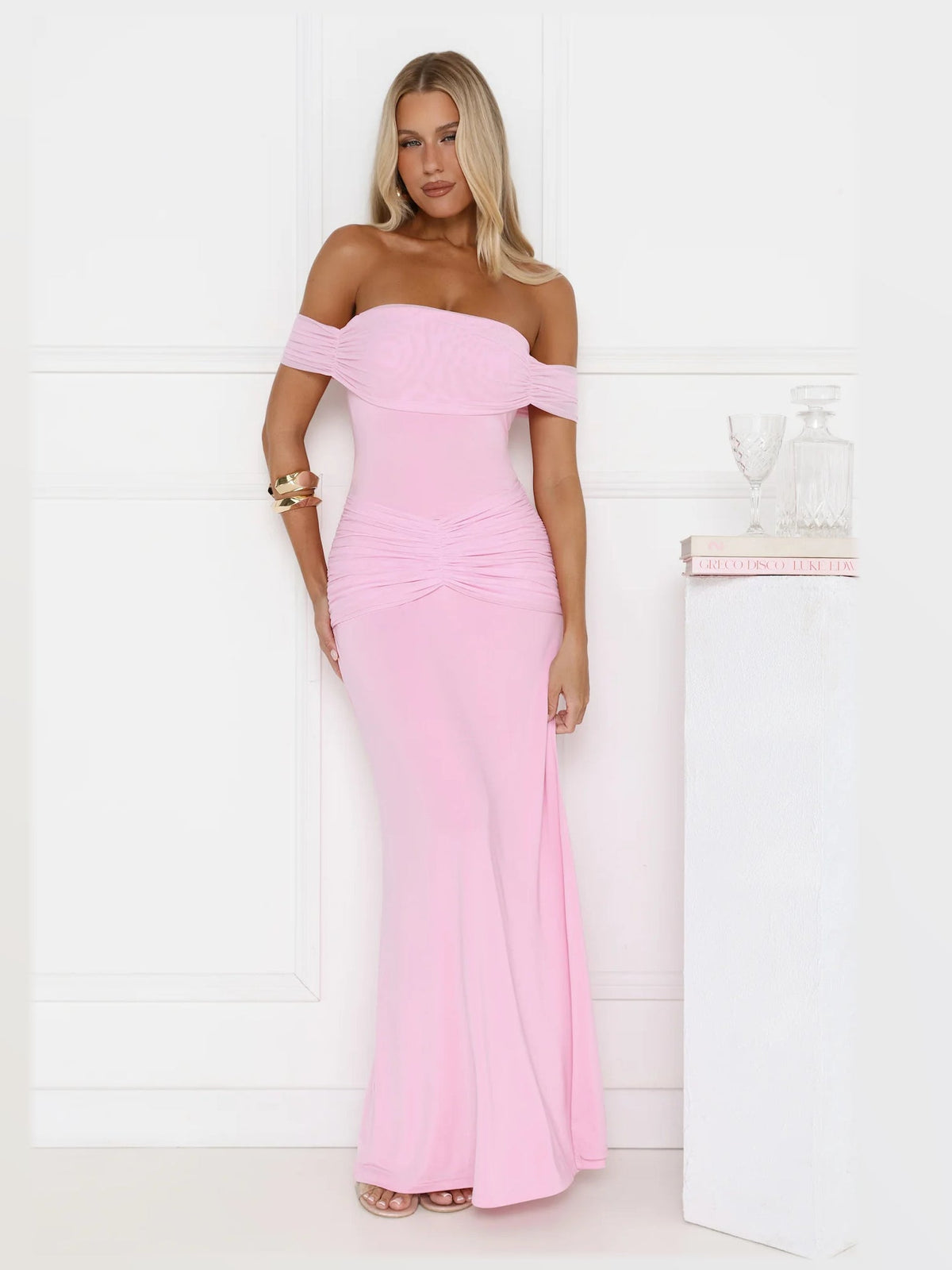 Pink maxi formal dress, front full-length view showing the neckline
