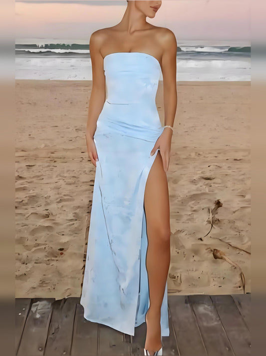 Sky-blue off-shoulder corset-style formal dress with front slit, floor length