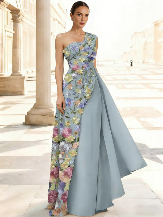Dusty blue one-shoulder formal dress with floral embroidery, gathered ruching, floor-length hem