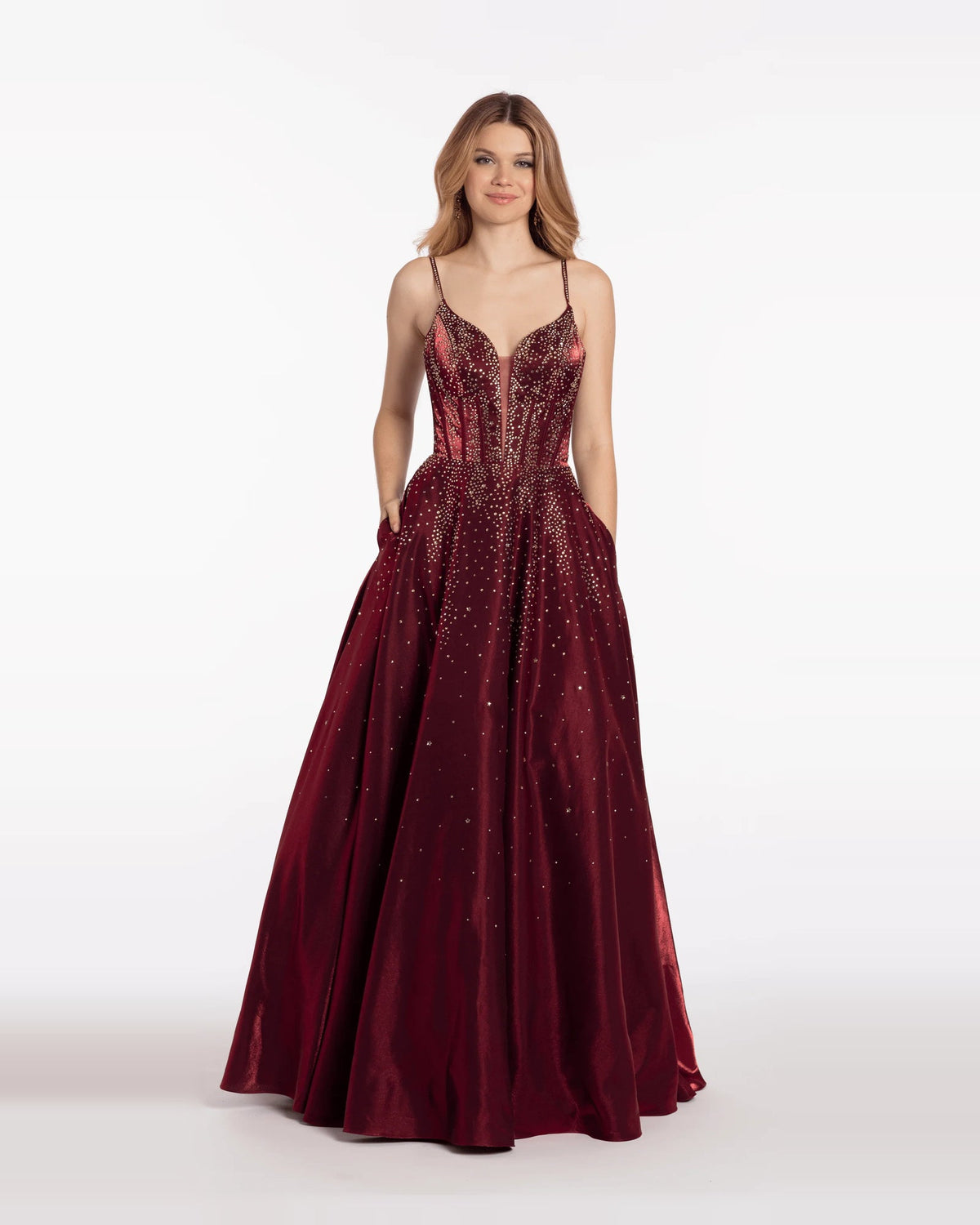 Burgundy sequin corset ball-gown prom dress with sweetheart neckline and thin straps