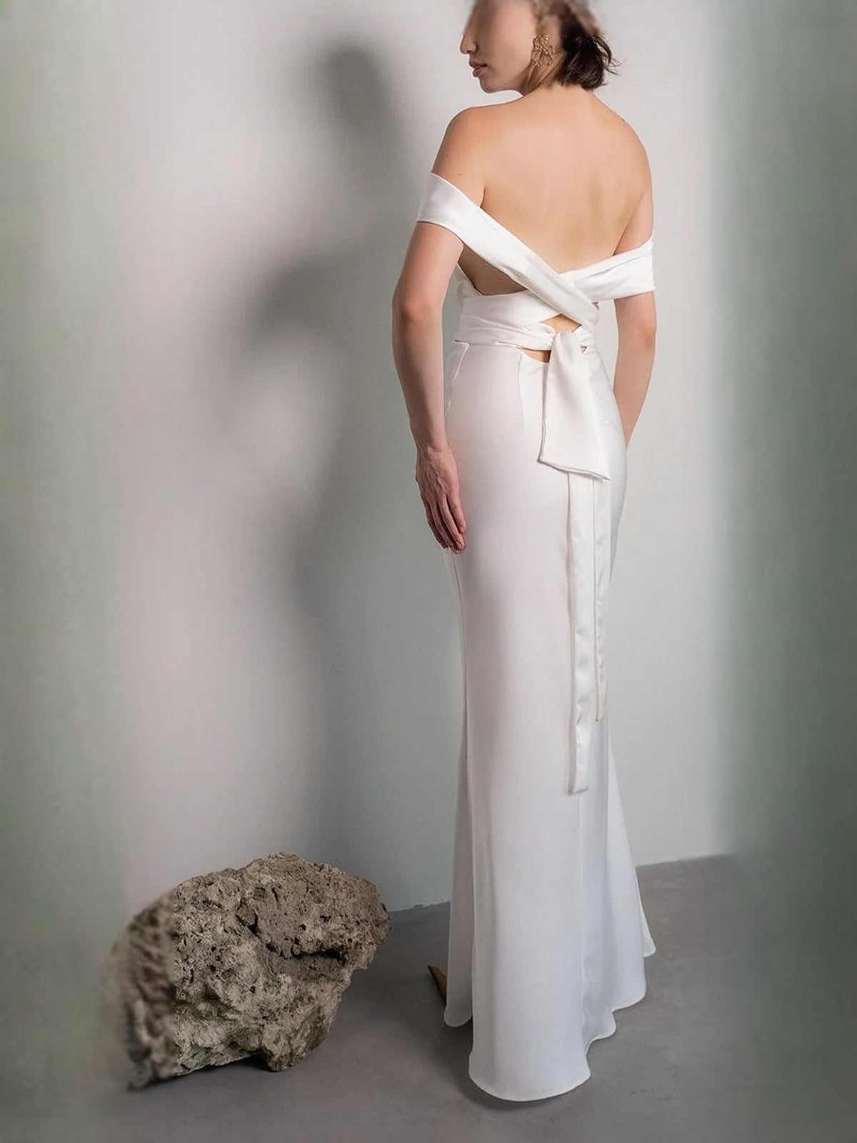 Ivory satin prom dress, back halter with bow and ruched accents, mermaid maxi