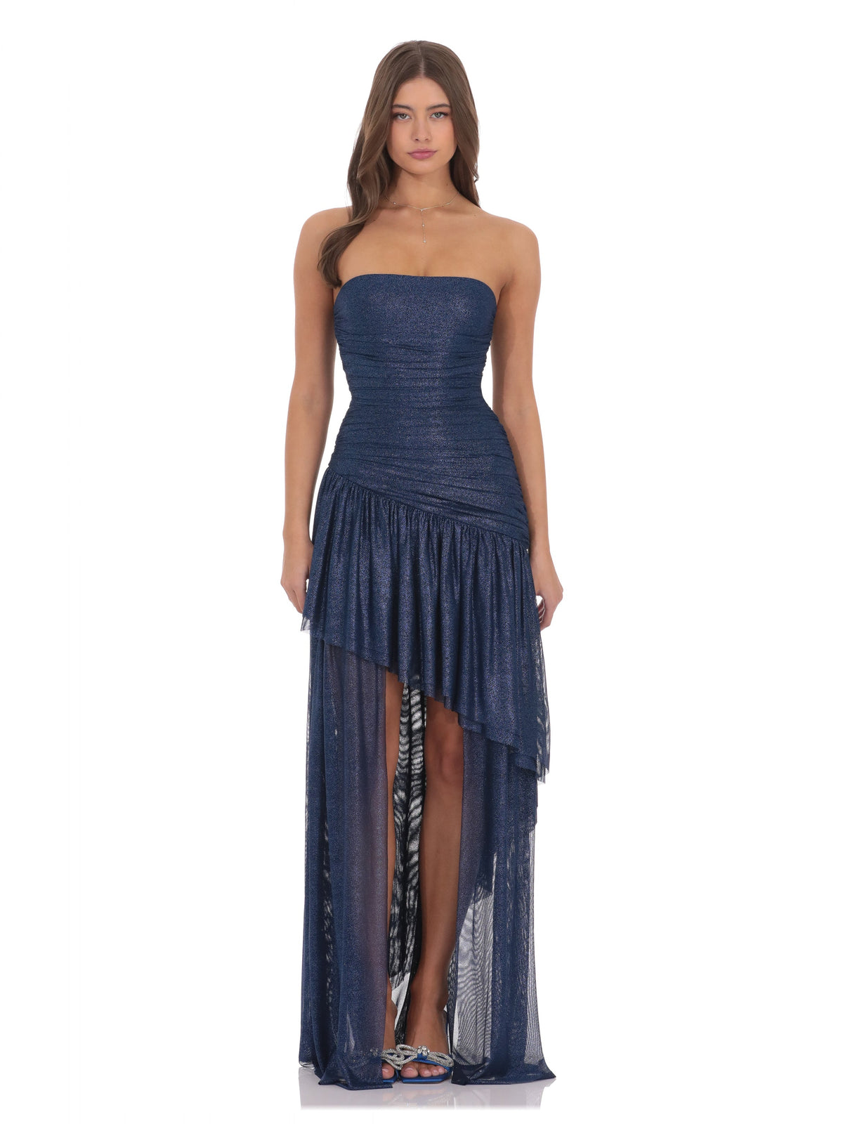 Navy bridesmaid dress with asymmetrical silhouette and high-low length