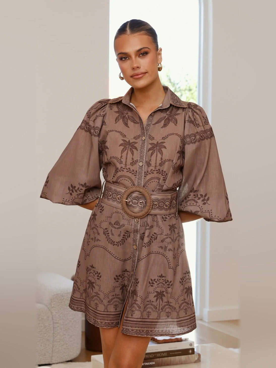 Espresso mini shirt dress with collar, button front, long sleeves, ornate waist belt