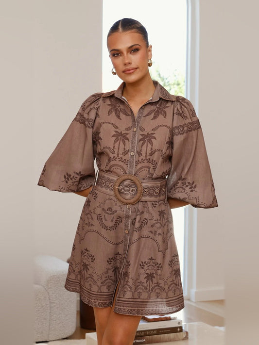 Espresso mini shirt dress with collar, button front, long sleeves, ornate waist belt