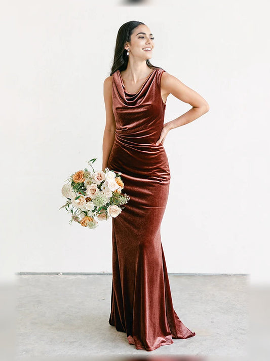 Terracotta velvet mermaid bridesmaid dress with plunging neckline, draped cowl front