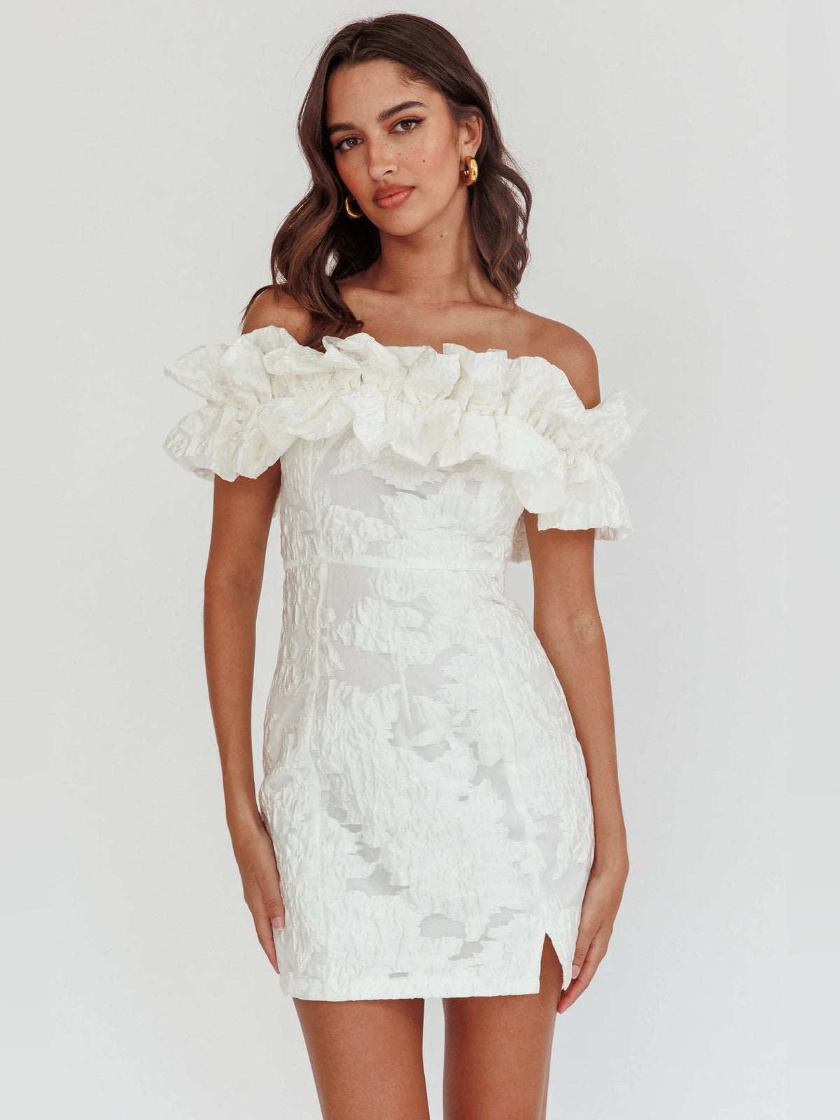 White off-shoulder mini homecoming dress with layered ruffle sleeves and textured fabric
