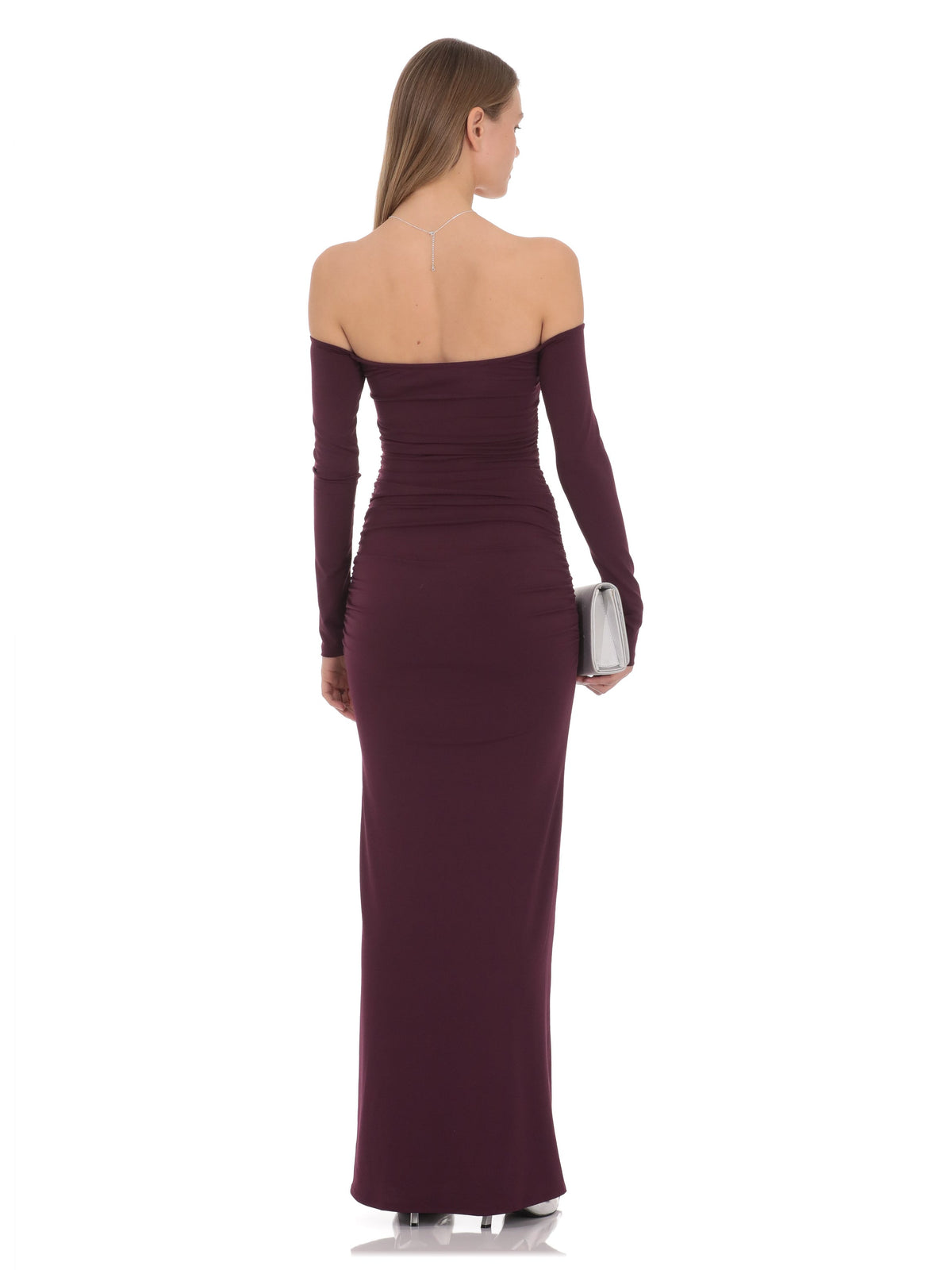Burgundy bridesmaid dress with a-line silhouette and maxi length