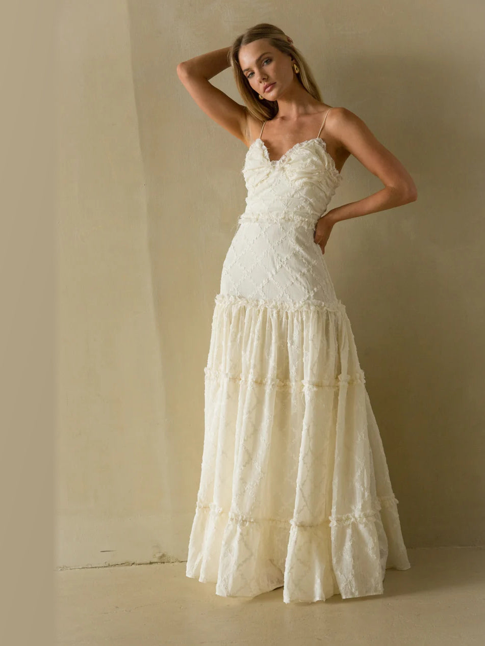 Cream formal dress with a-line silhouette and maxi length