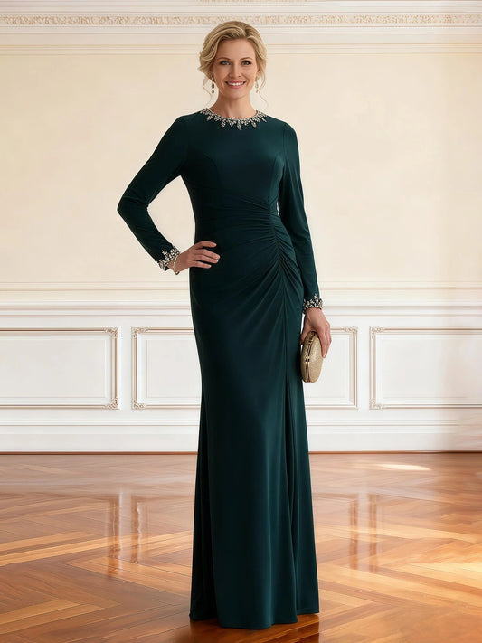 Dark teal ruched sheath dress, long sleeves, high beaded neckline, floor-length