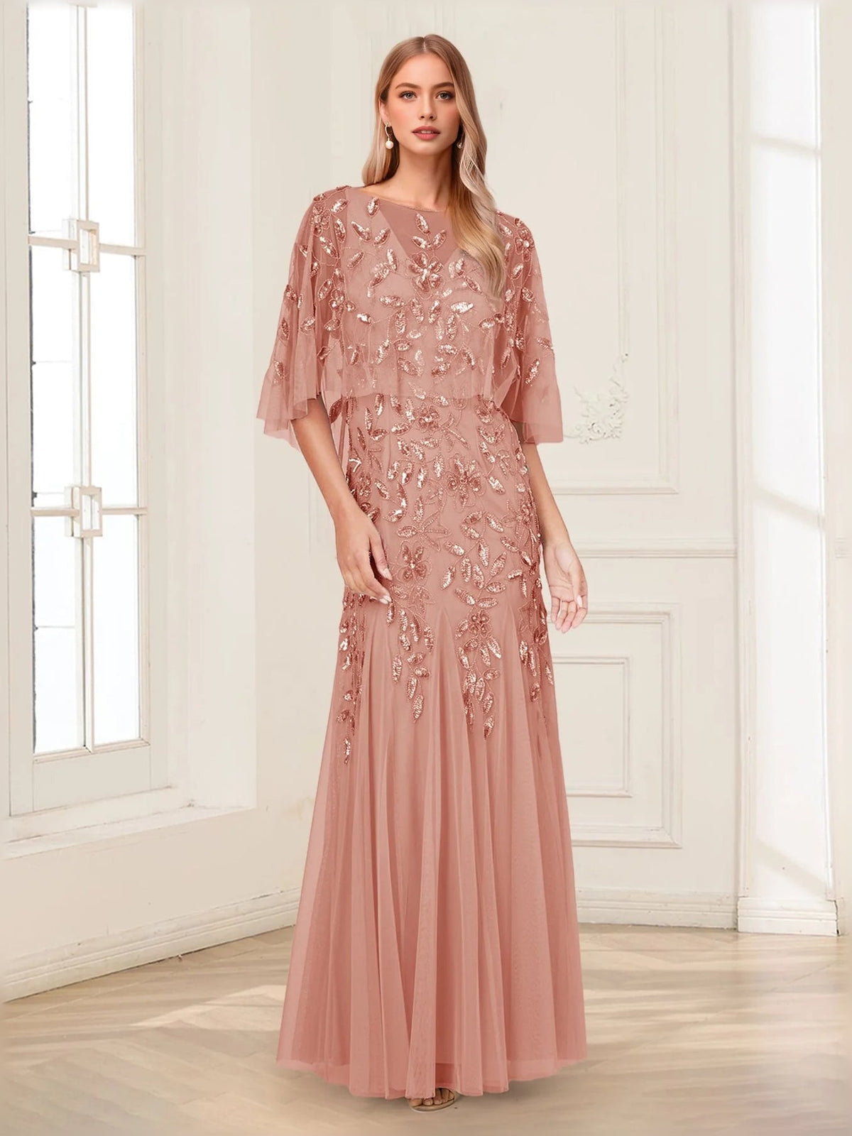 Dusty rose sequin tulle mermaid dress with cape sleeves, floor-length design