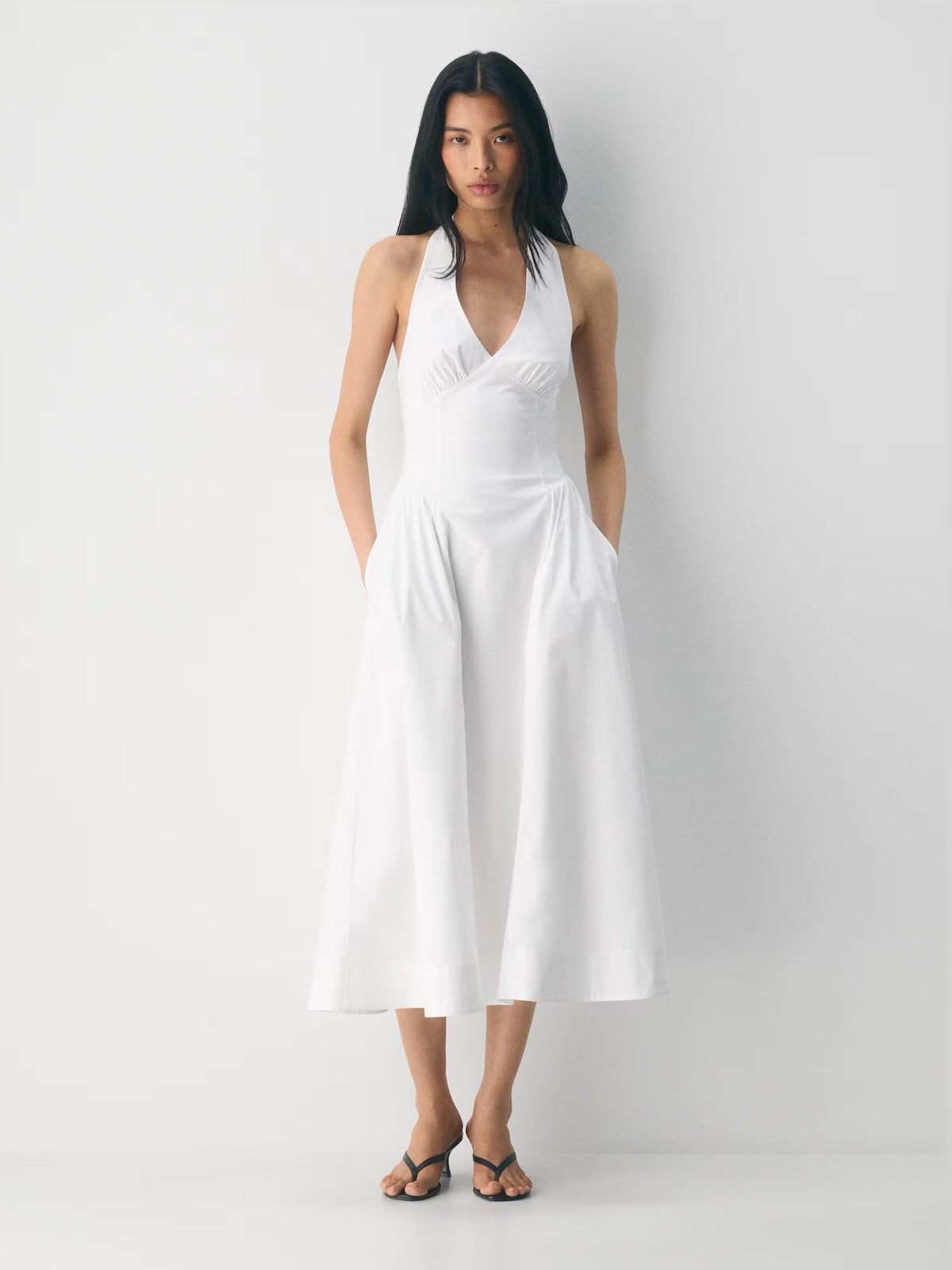 white midi formal dress, front full-length view showing the neckline