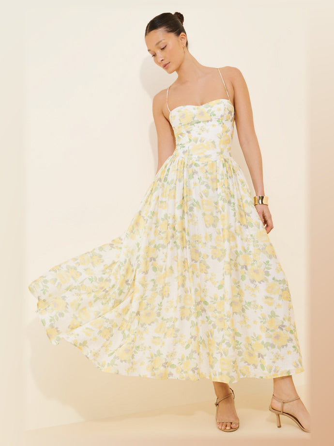 Yellow Floral Print midi formal dress, front full-length view showing the neckline