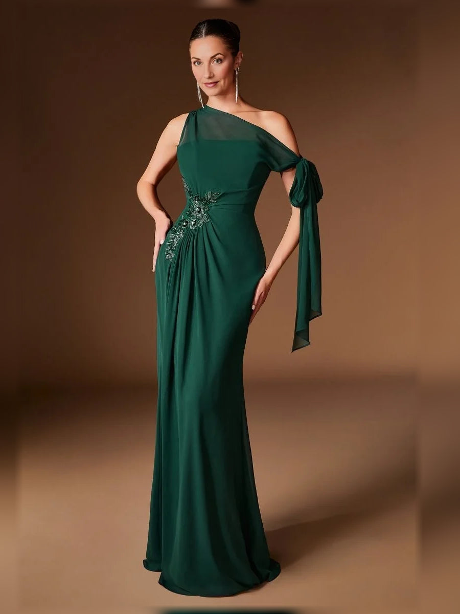 Emerald green one-shoulder chiffon mermaid gown with draped sash bow and beaded waist