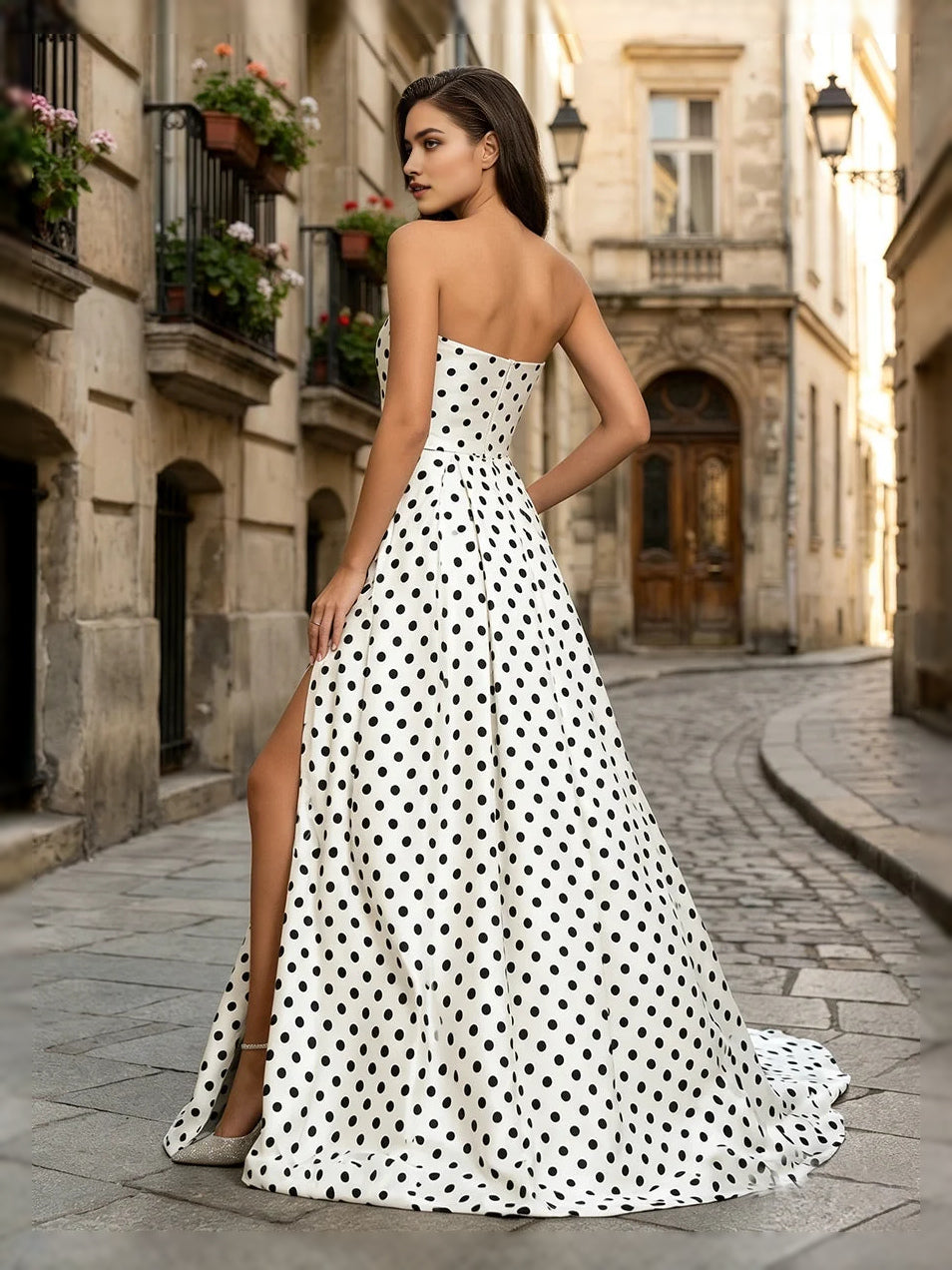 White strapless A-line prom dress with black polka dots and front slit, floor length