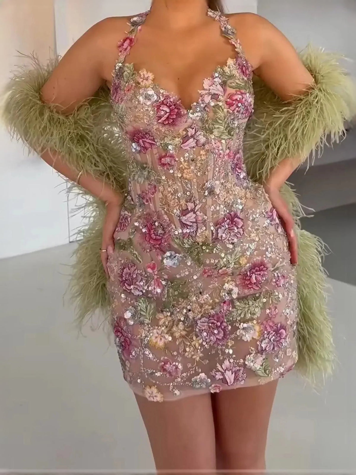 Floral sequin mini prom dress with corset V-neck, pink and green 3D appliques