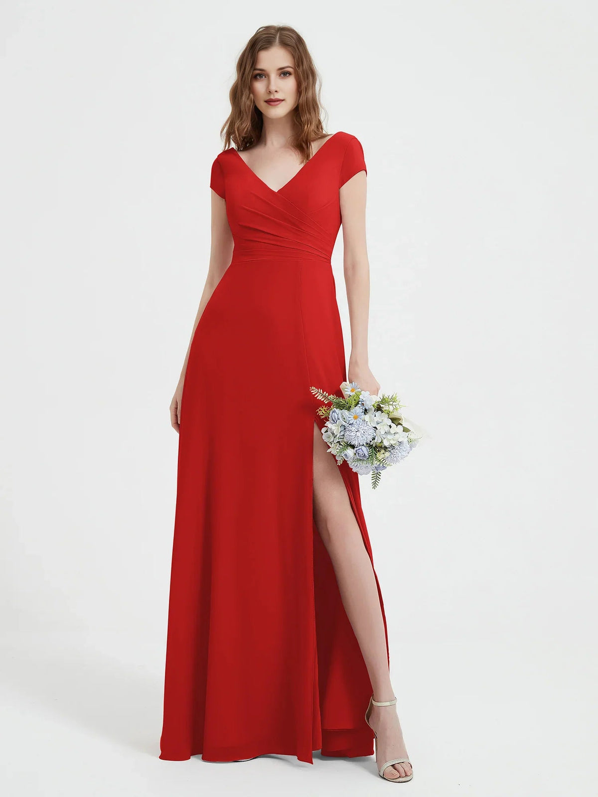 Red ruched V-neck A-line maxi dress with cap sleeves and side slit
