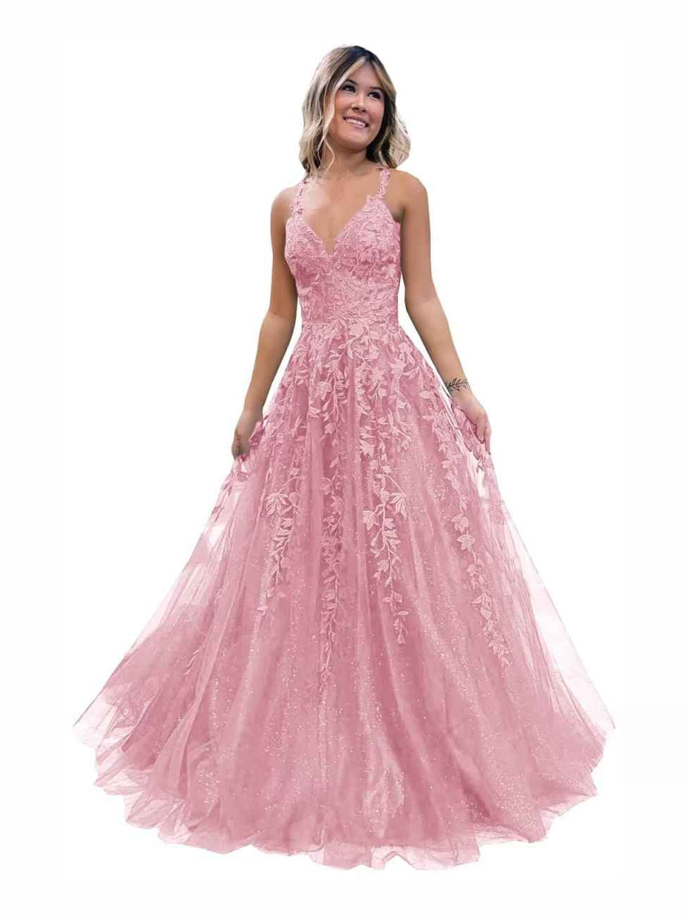Dusty rose glitter floral V-neck corset A-line tulle prom dress, floor-length