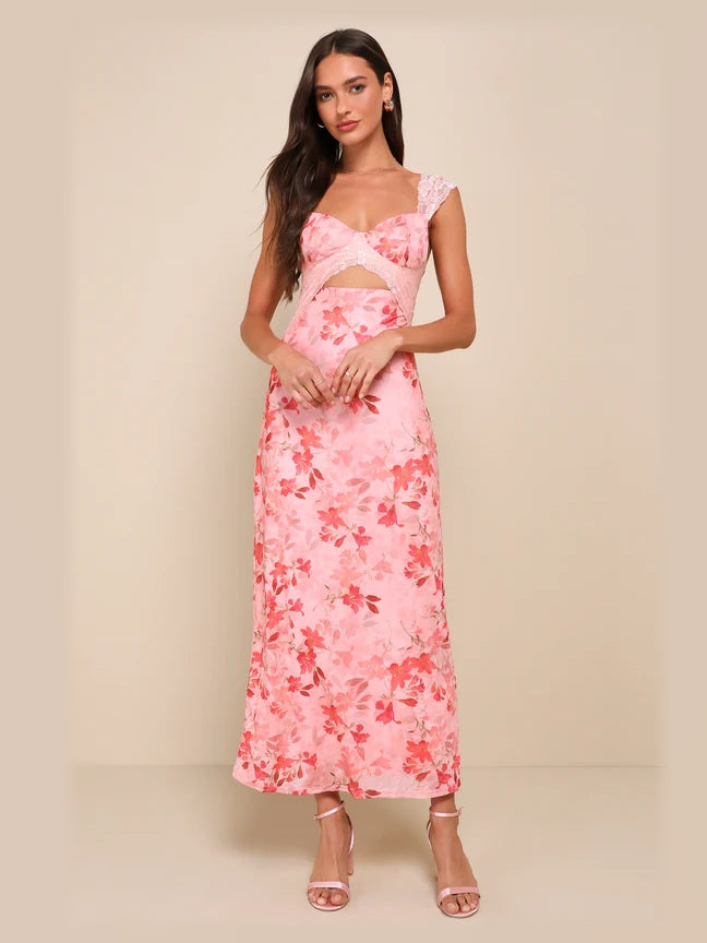 Pink Floral formal dress with a-line silhouette and maxi length