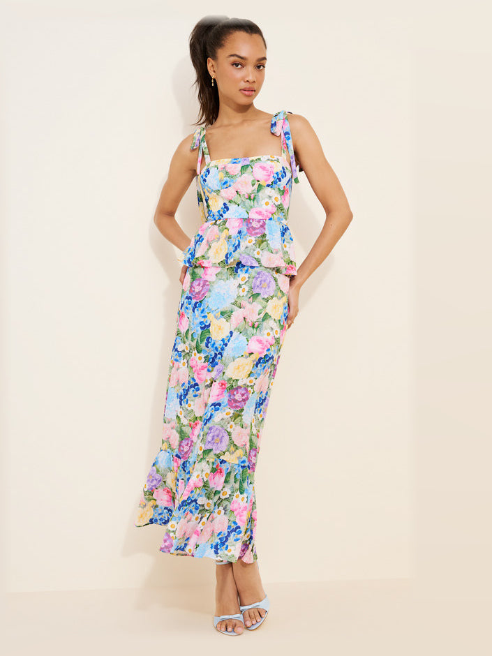 Pink Blue Floral Print maxi formal dress, front full-length view showing the neckline