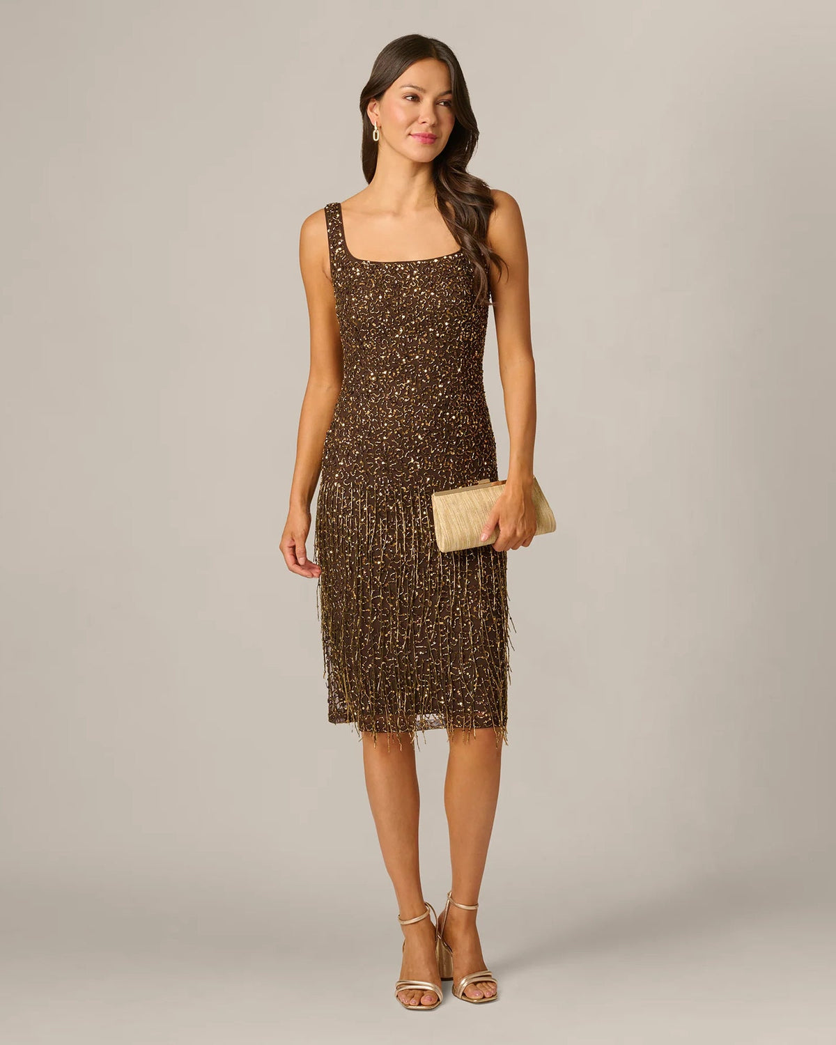 Chocolate embellished square-neck A-line midi dress with fringe hem and sleeveless bodice