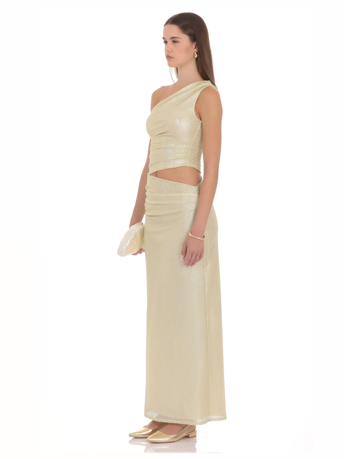 Gold bridesmaid dress with a-line silhouette and maxi length