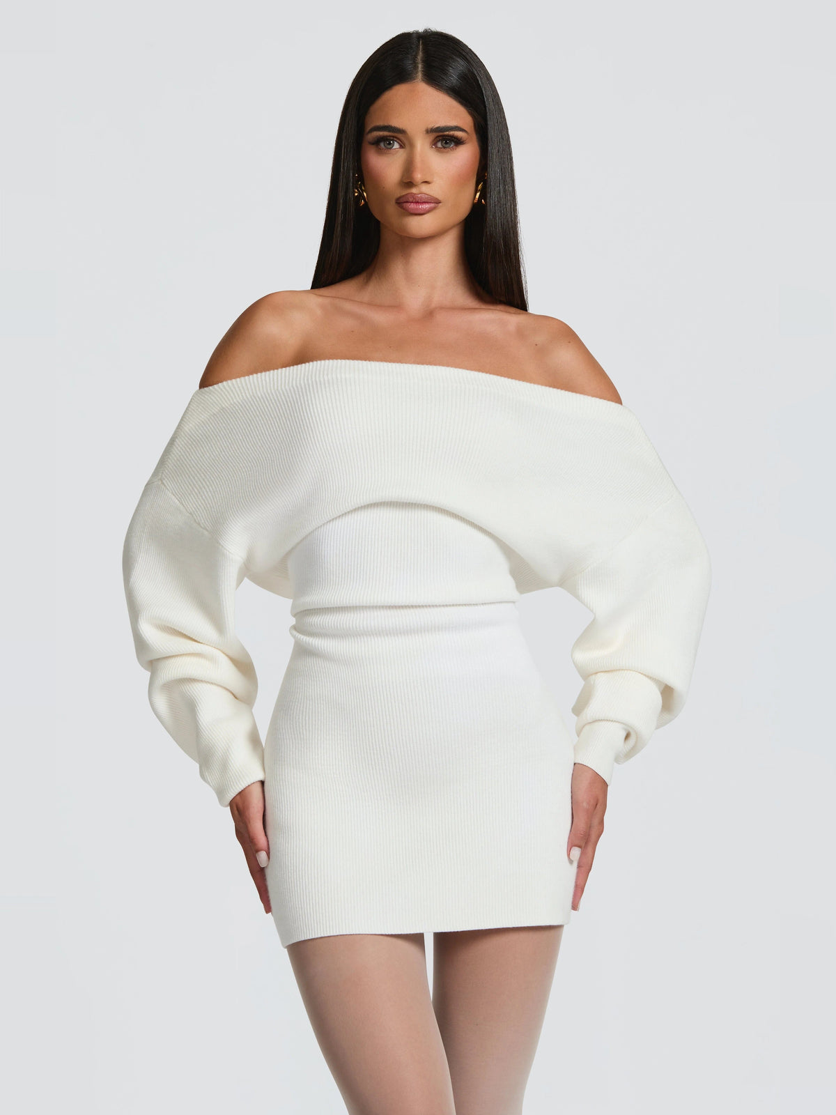 Ivory off-shoulder mini homecoming dress with long sleeves and draped waist