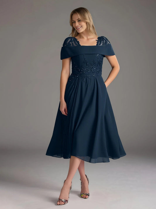 Dark navy sequin off-shoulder A-line midi chiffon dress with short sleeves