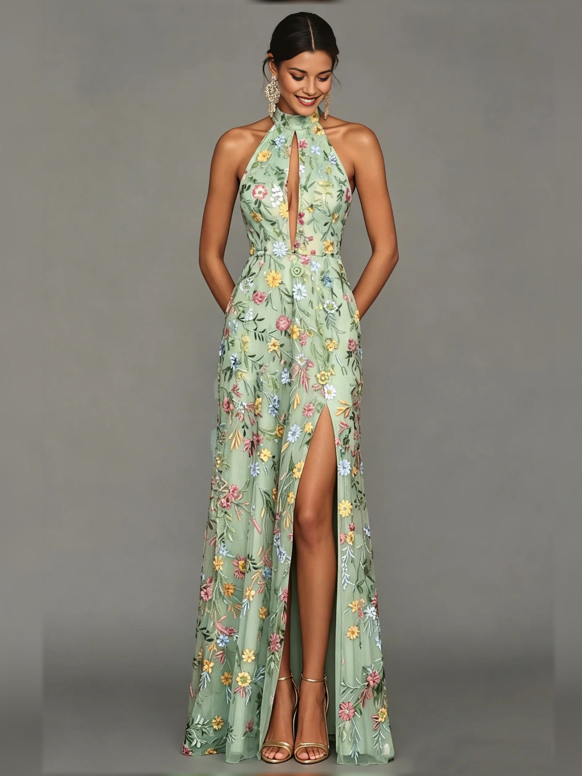 Mint green floral halter neck formal dress with thigh slit, floor-length