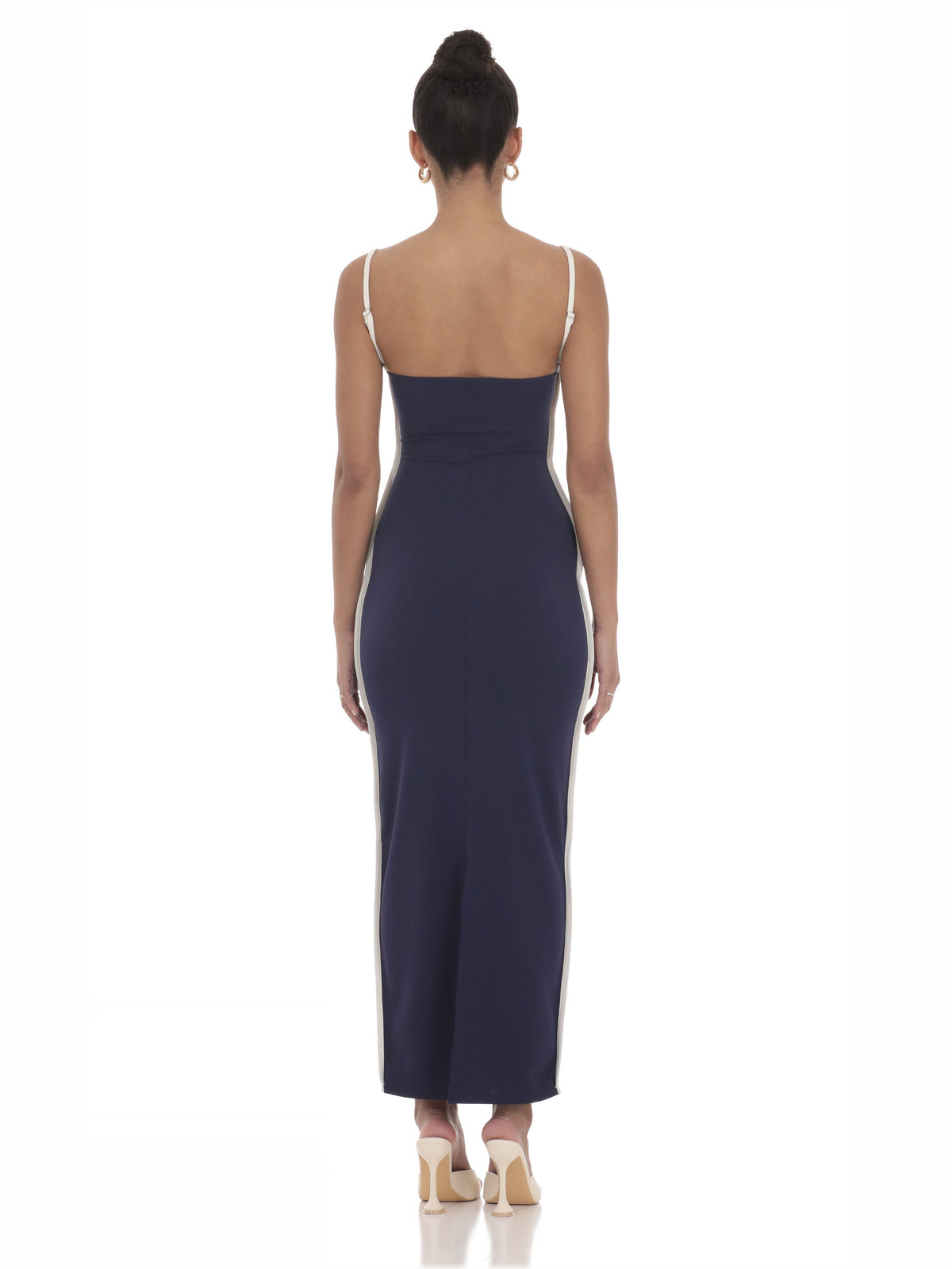 Navy bridesmaid maxi dress with spaghetti straps and white piping, A-line skirt