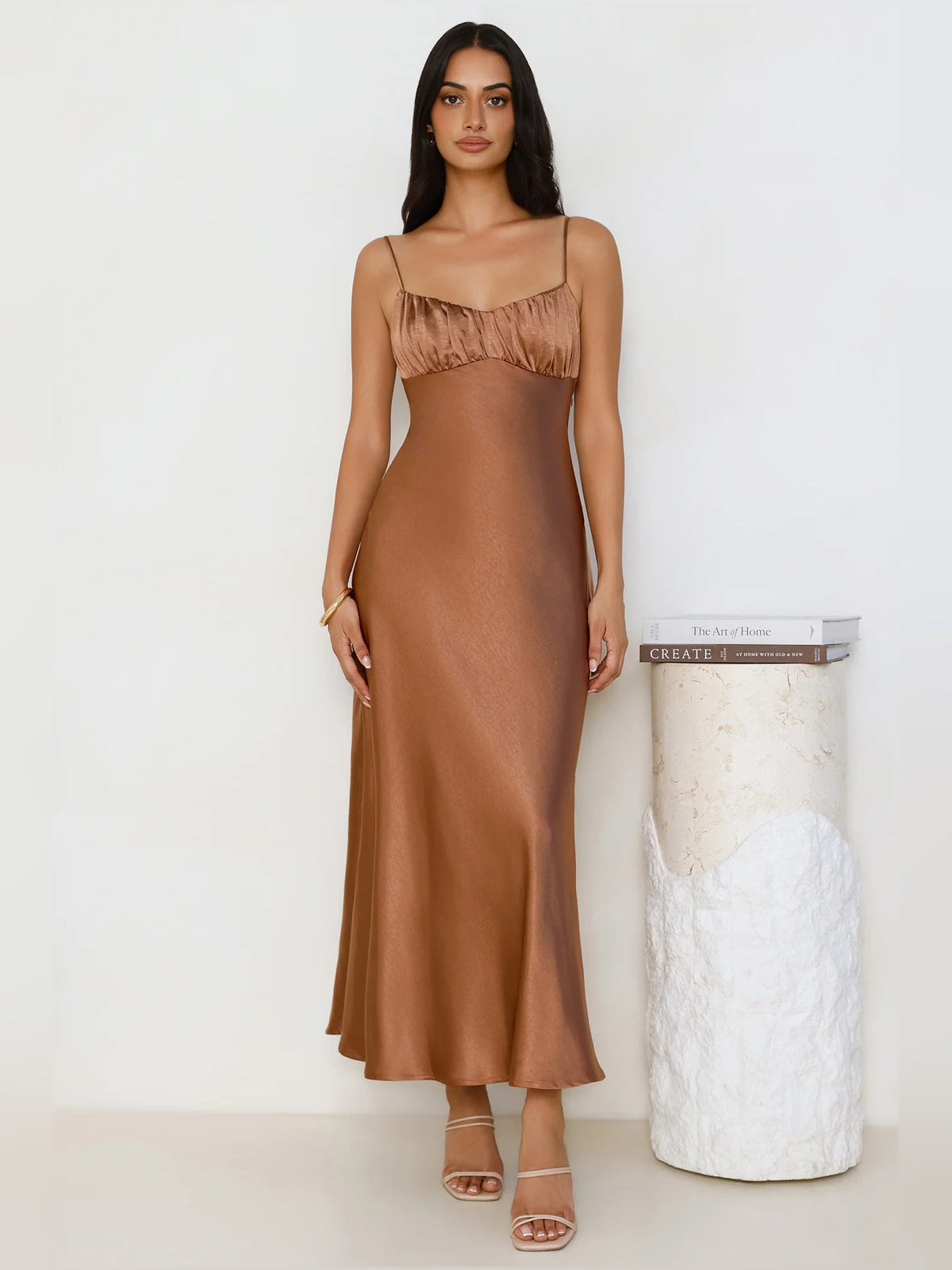 Chocolate a-line midi formal dress with sweetheart neckline, full-length front view
