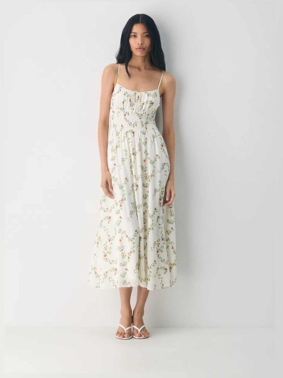 Ivory Green Floral Print maxi formal dress, front full-length view showing the neckline