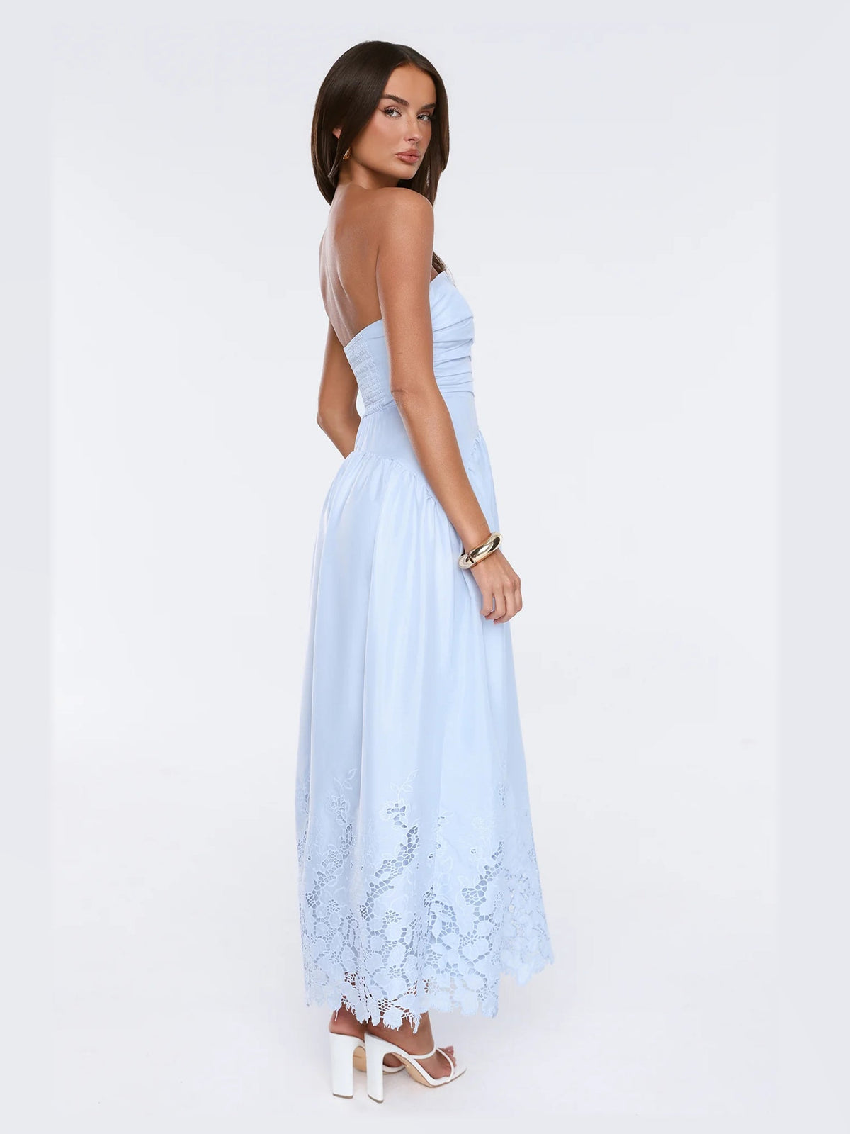 Blue formal dress with a-line silhouette and maxi length