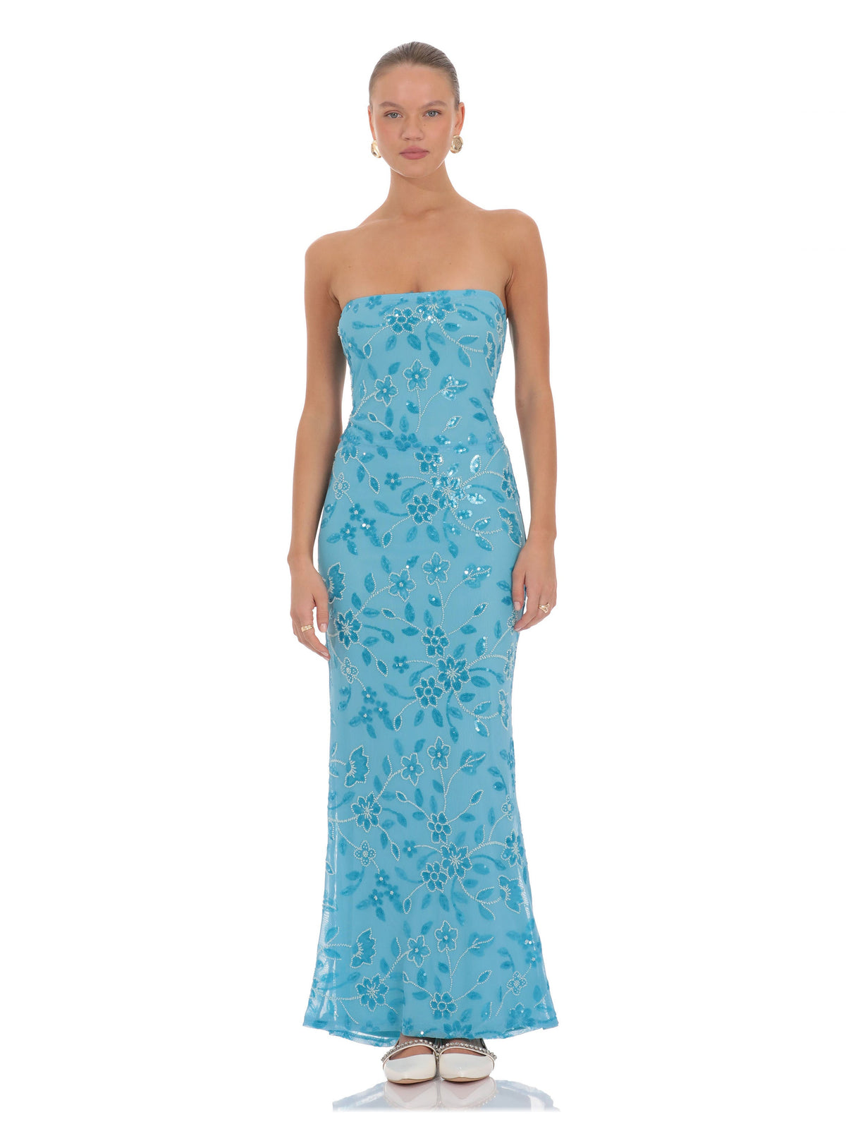 Blue bridesmaid dress with a-line silhouette and maxi length