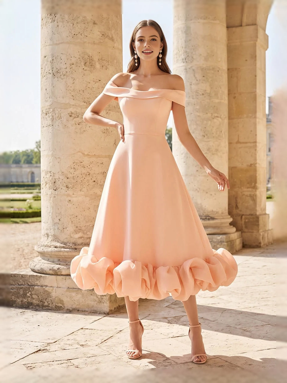 Pearl pink off-shoulder satin A-line midi dress with ruffled hem