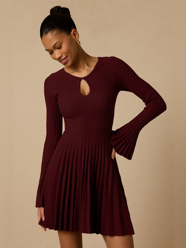 Plum cut-out mini homecoming dress with long sleeves and pleated skirt