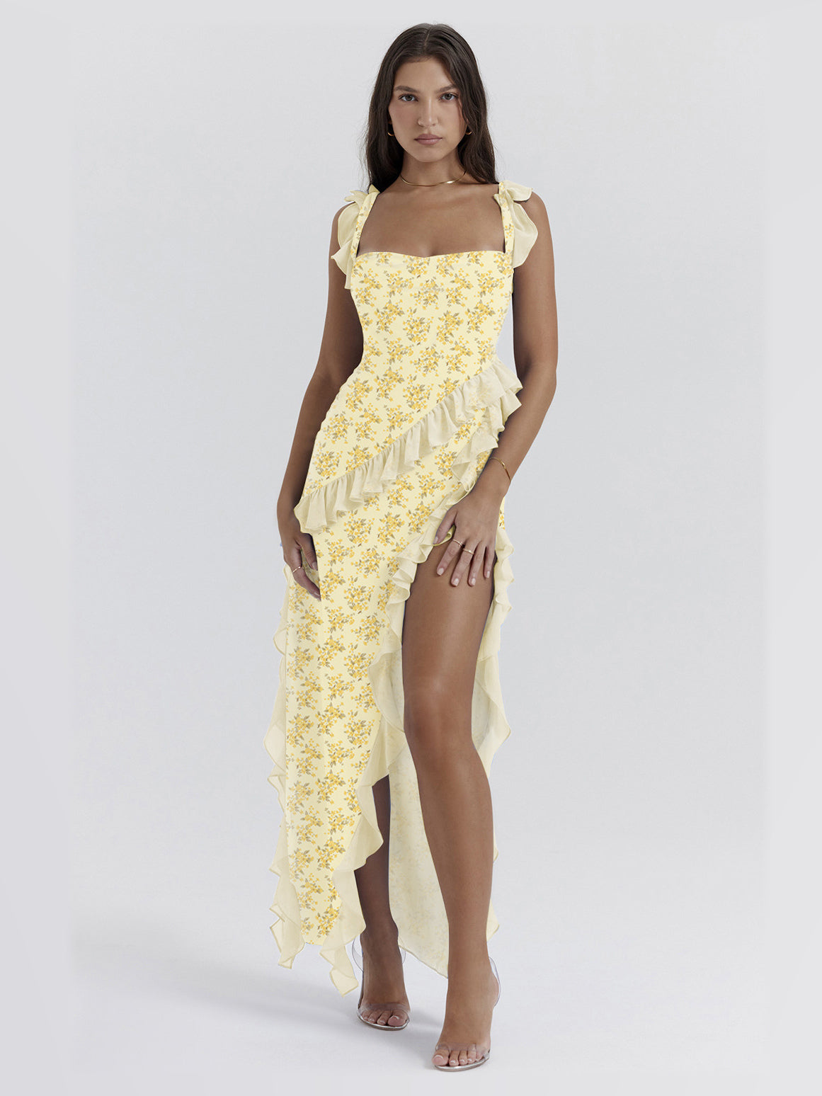 Yellow maxi formal dress, front full-length view showing the neckline