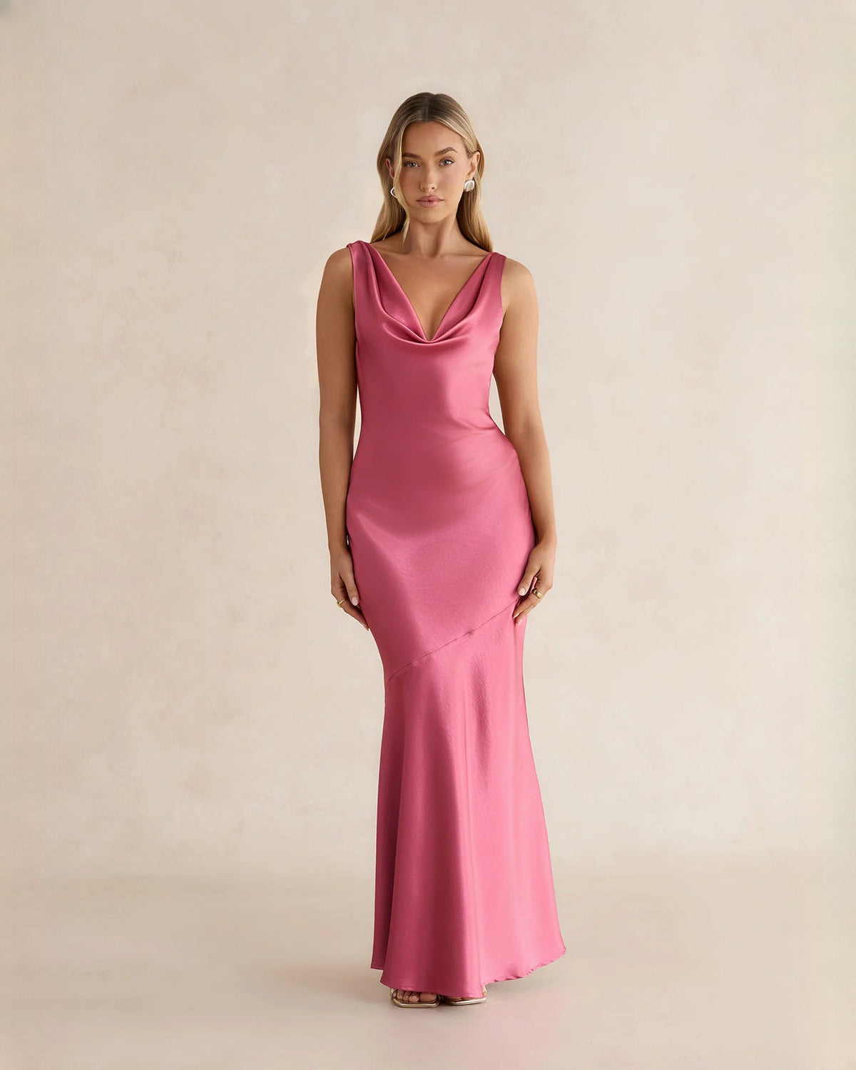 Pink satin sleeveless A-line maxi dress with draped cowl neckline