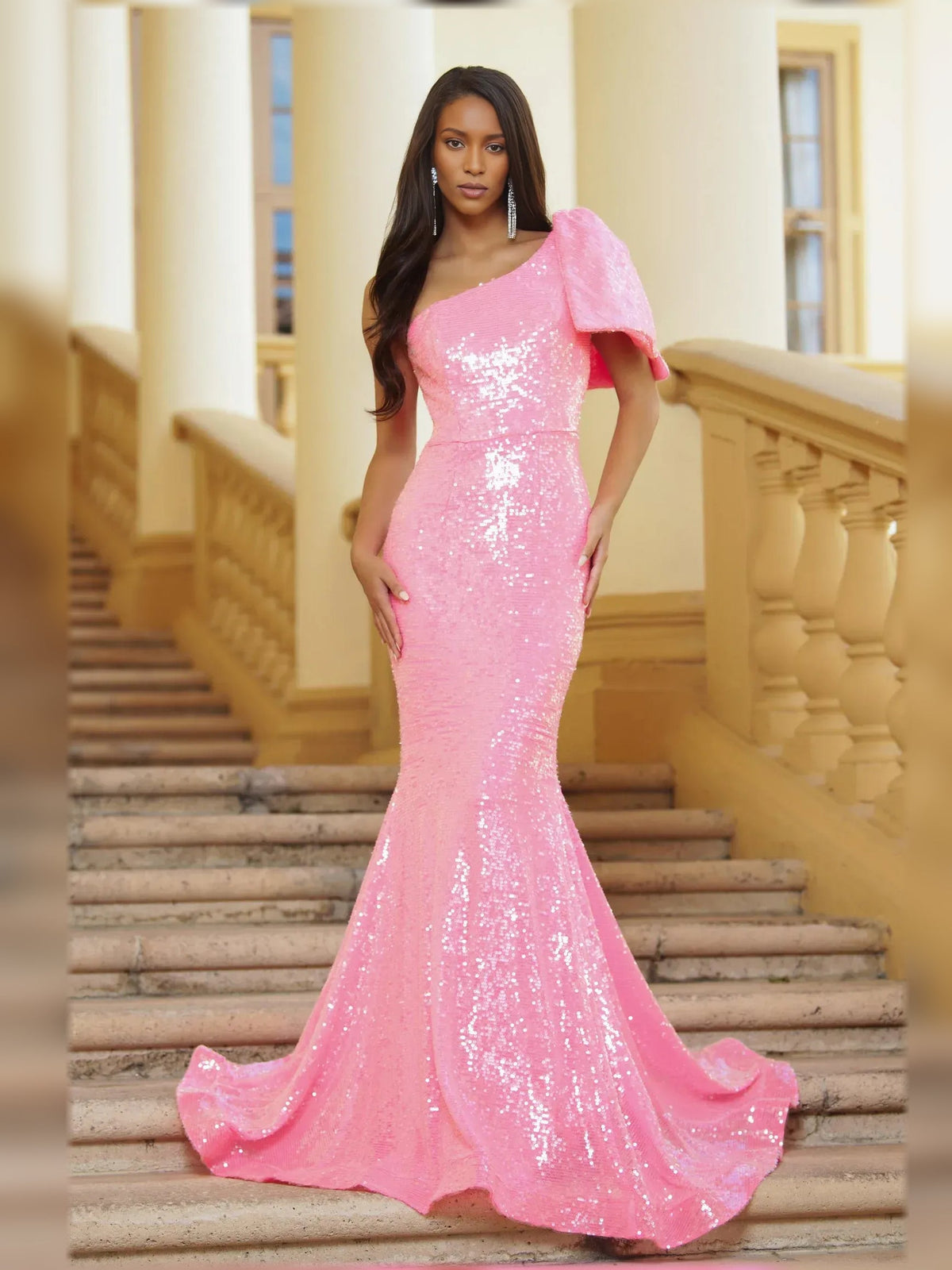 Pink one-shoulder sequin mermaid gown with puff sleeve and long floor-length hem