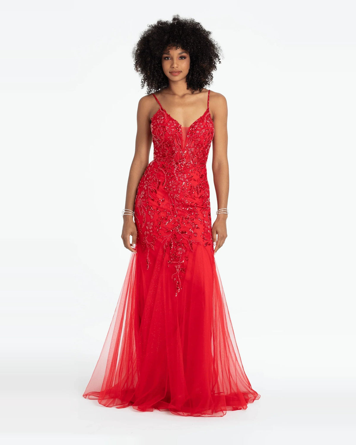 Red beaded corset mermaid formal dress with plunging neckline and spaghetti straps, floor-length