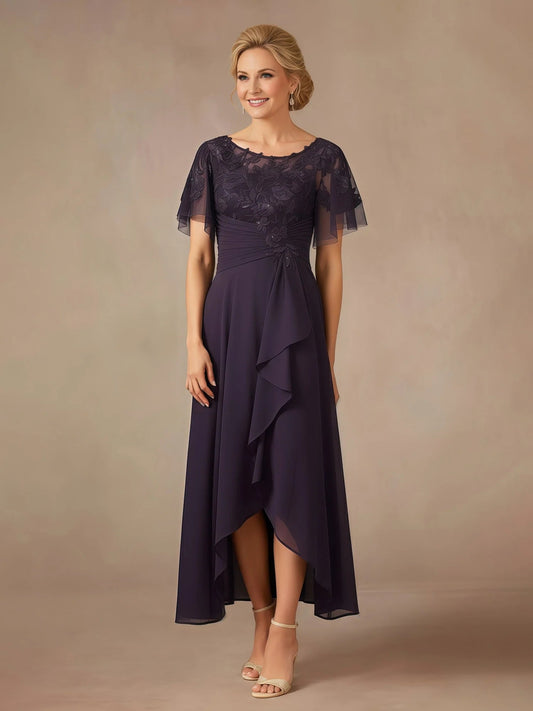 Plum chiffon midi dress with ruffled round neck, flutter sleeves, A-line skirt