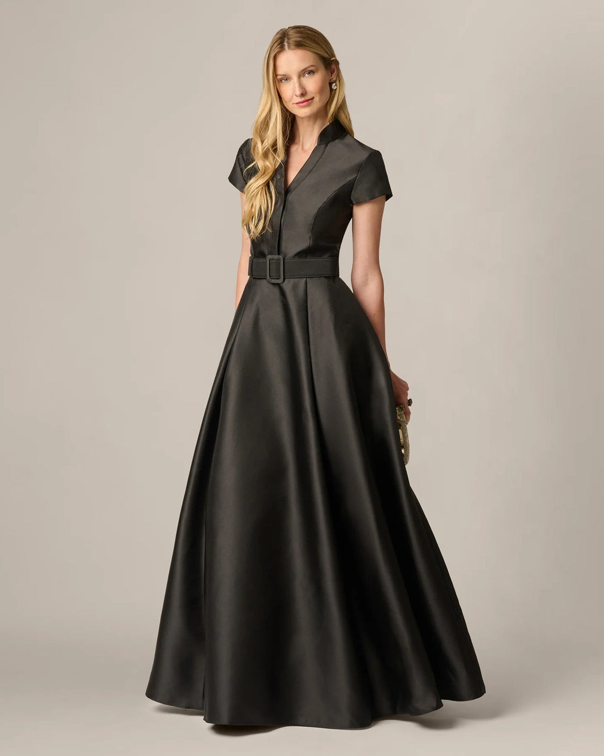 Black V-neck A-line maxi dress with short sleeves and cinched belt, front view