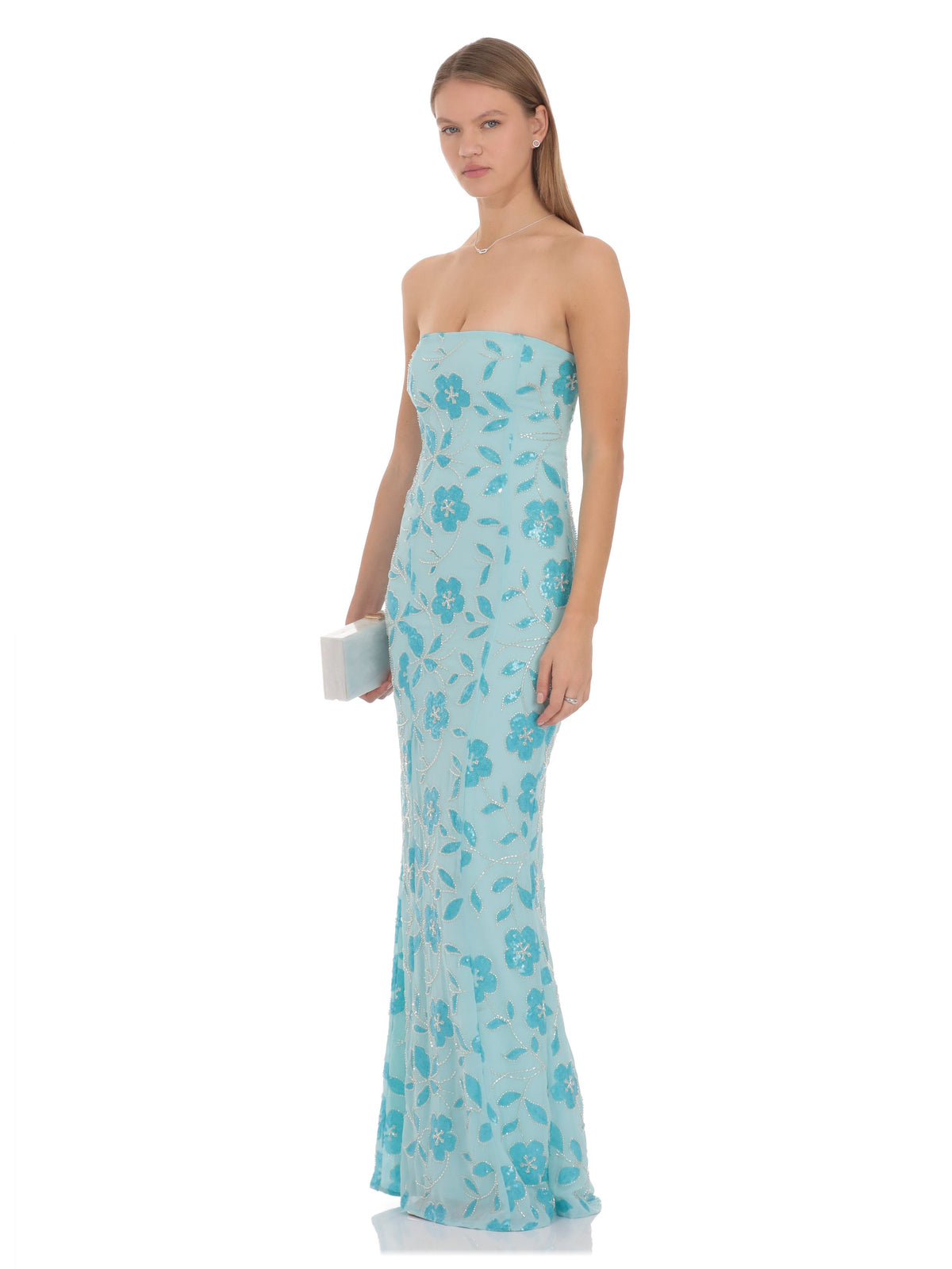 Blue bridesmaid dress with a-line silhouette and maxi length