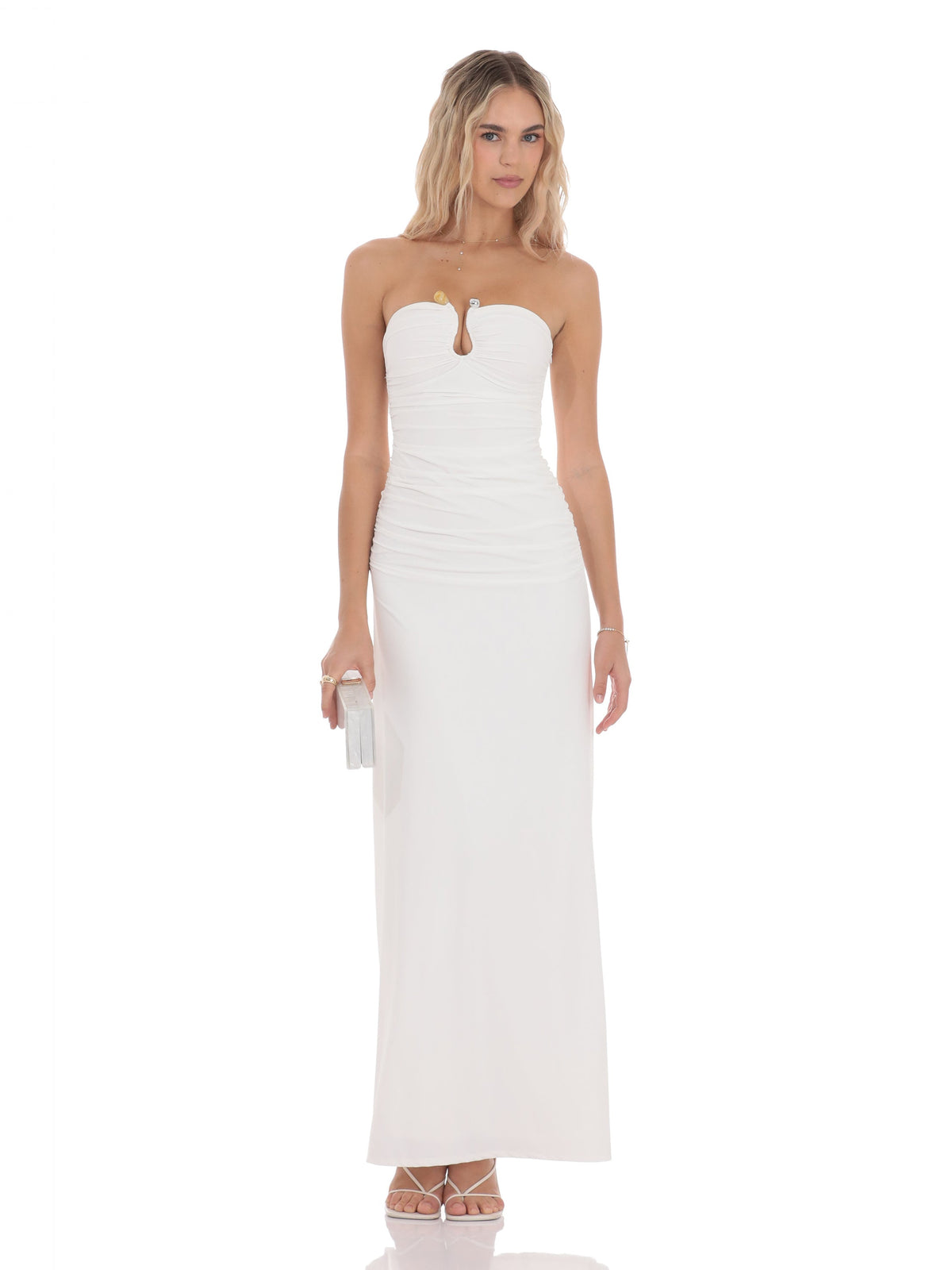 White bridesmaid dress with a-line silhouette and maxi length
