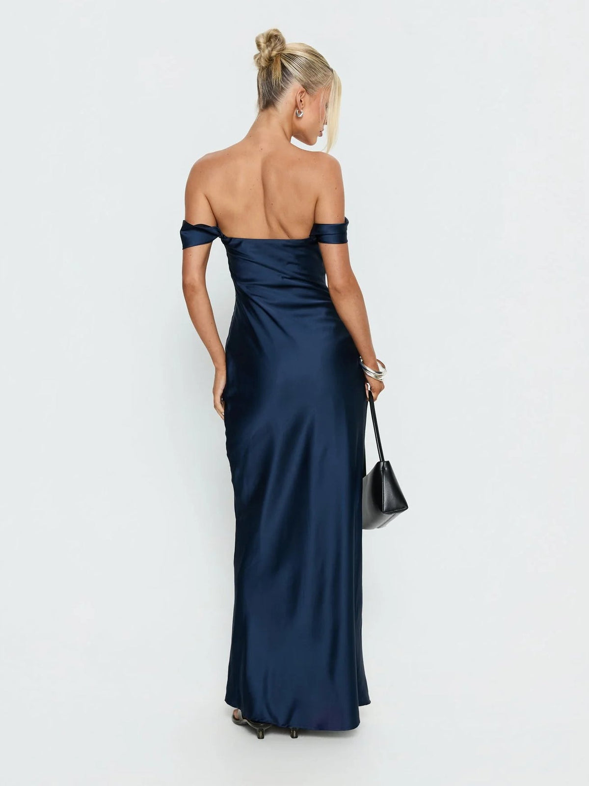 Navy formal dress with a-line silhouette and maxi length