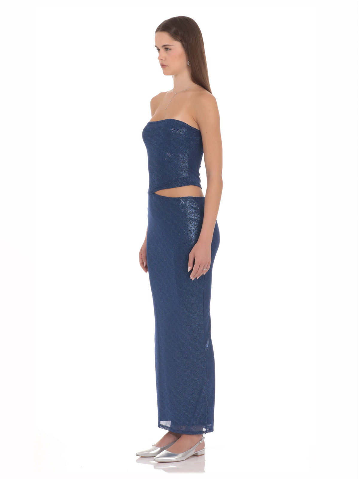 Blue bridesmaid dress with a-line silhouette and maxi length