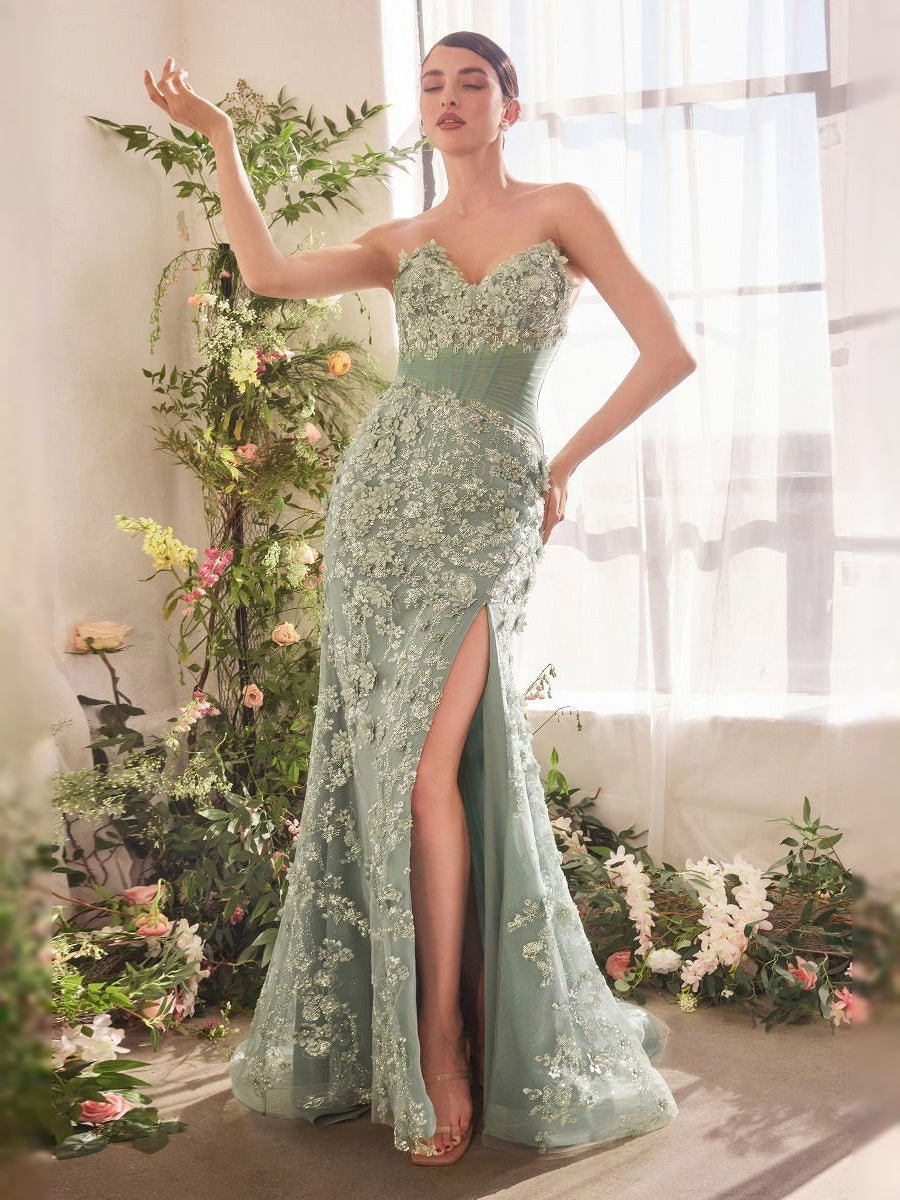 Sage green strapless mermaid prom dress with floral beading and thigh-high slit
