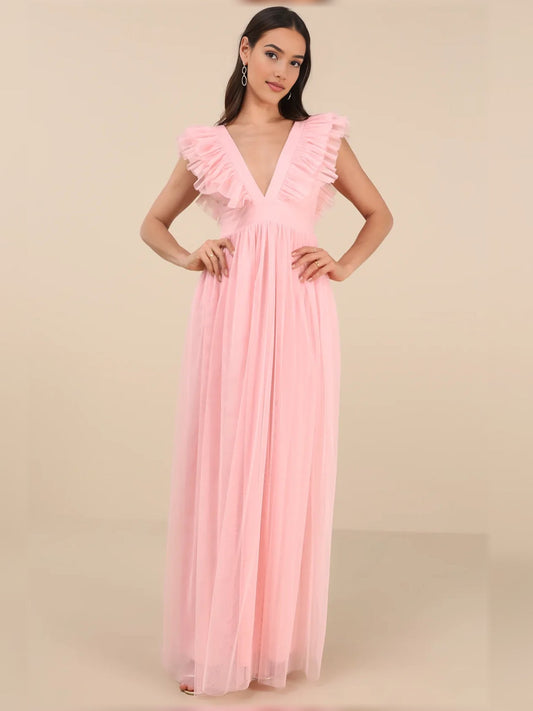 Pink maxi bridesmaid dress with ruffled cap sleeves, deep V-neck, A-line silhouette
